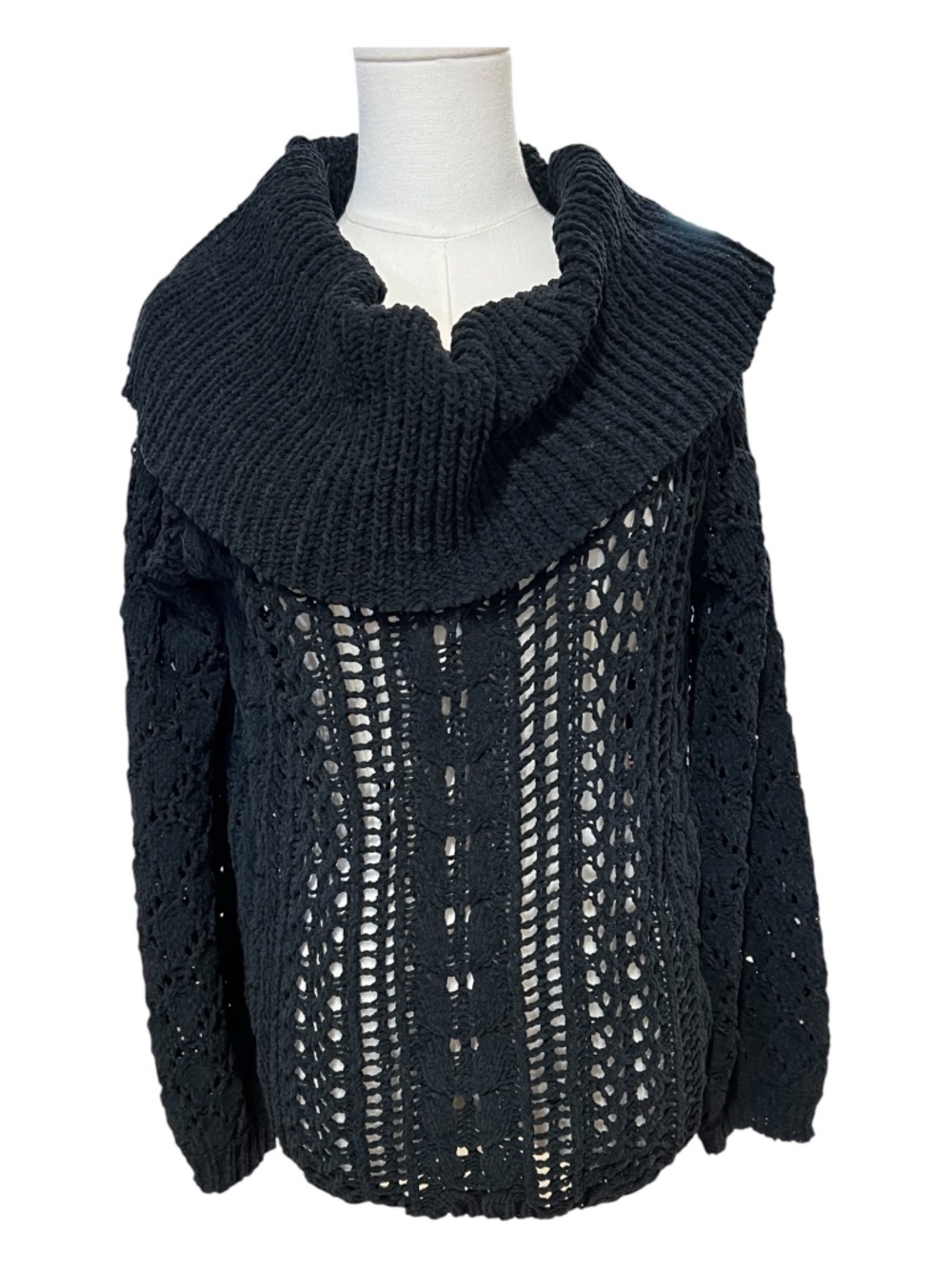 EUC Umgee Black Open Weave Cowl Neck Chenille Sweater | Size Medium